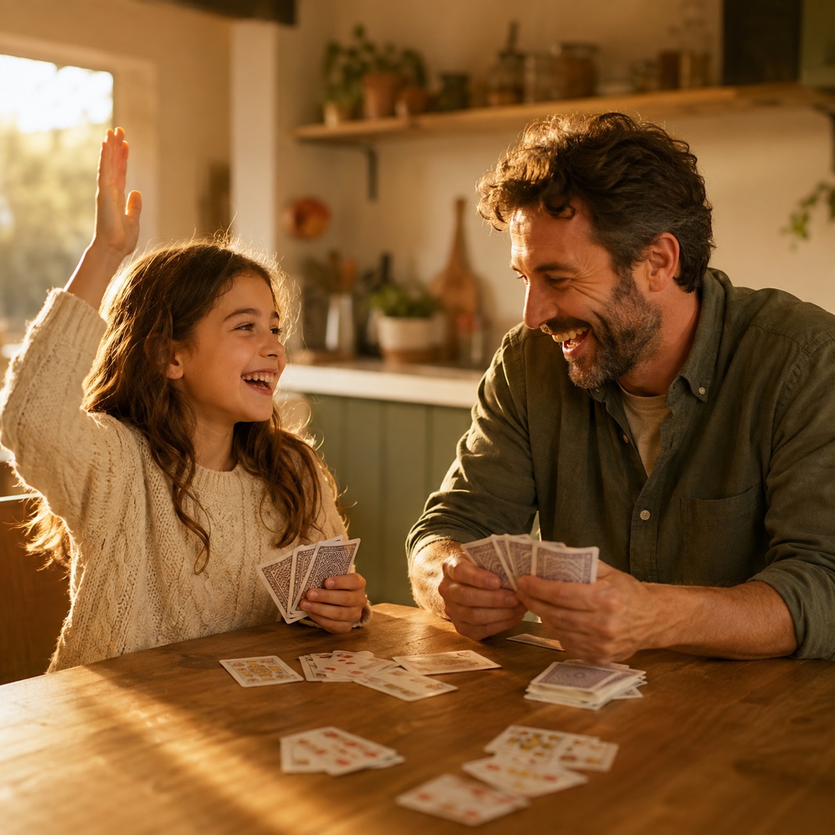 A parent and child laughing during a dinner-table game