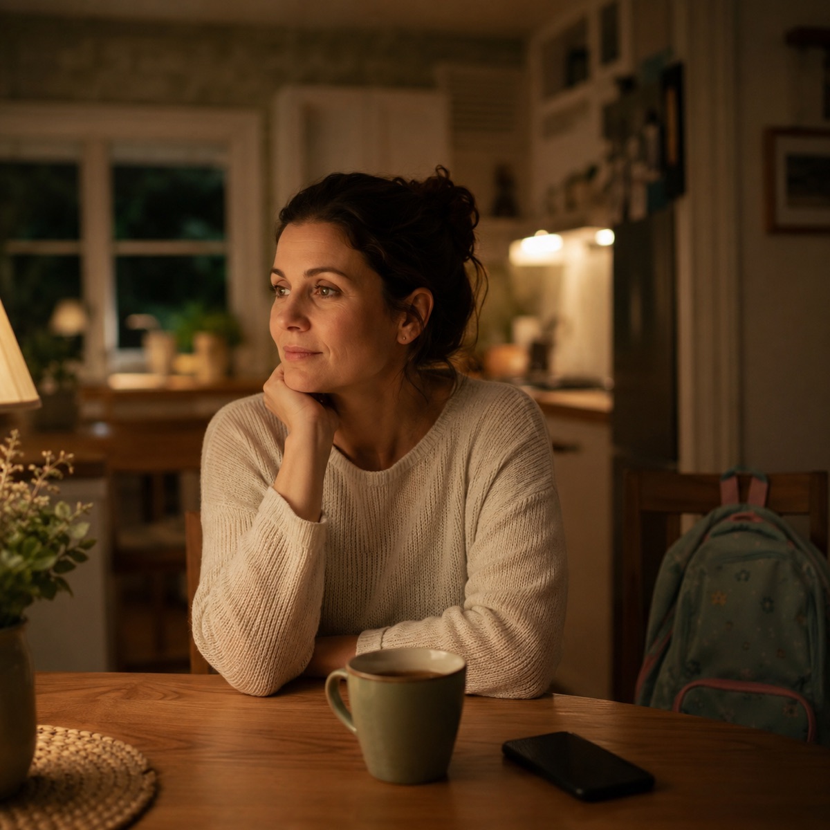 A parent thinking at the kitchen table in the evening